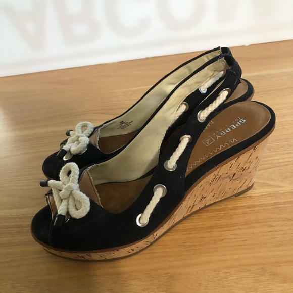 Sperry Black Top-Sider Southport Cork Slingback Sandal Wedges - Picture 2 of 5